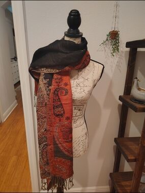 Vintage Black and Burnt Orange Paisley Pashmina Scarf